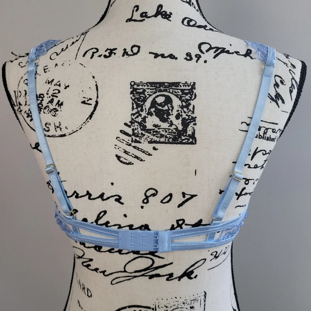 Blue lace‎ bra sheer floral medium rose print pastel coquette feminine romantic